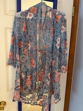 Sheer Floral Open shawl with arm  openings in Blue and Coral